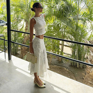 Y2K White Casual Two-Piece Set | Hollow Out Patchwork Cropped Tank Top & Maxi Skirt Clothing Set LUNARITY GARAGE