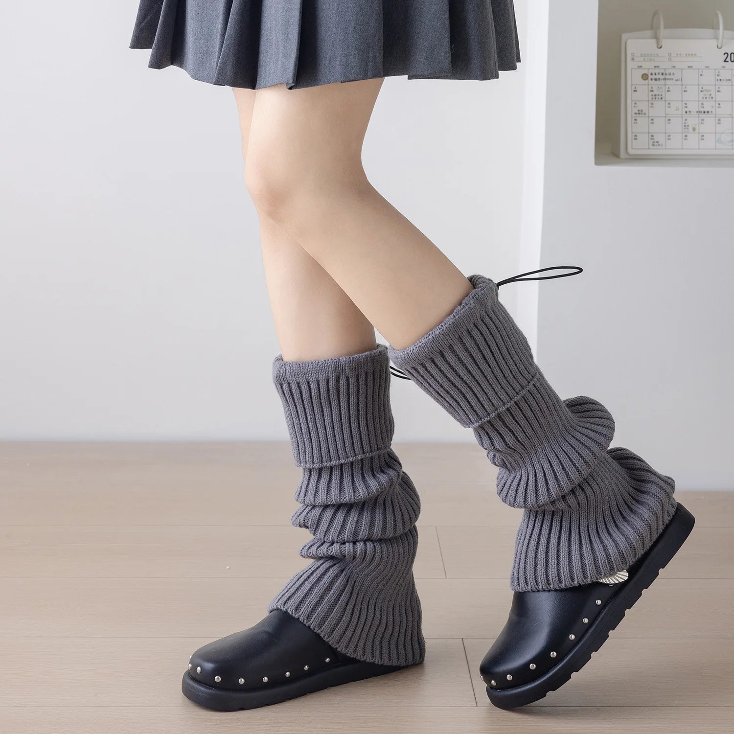 Elastic Drawstring Knitted Leg Warmers – Y2K Winter Calf Socks for Women, Korean JK Style Leggings Leg Warmers LUNARITY GARAGE Dark Gray 43cm