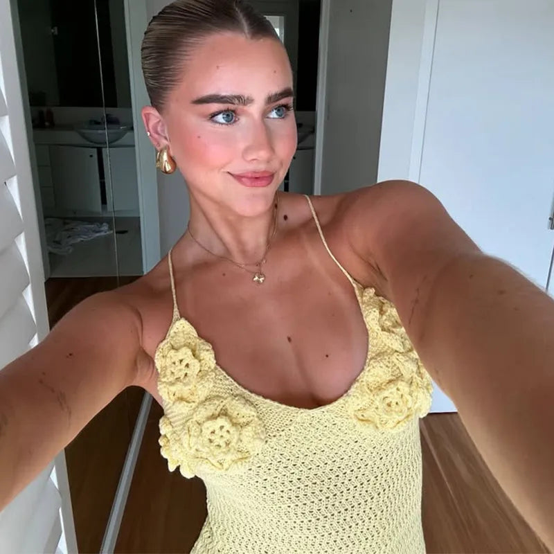 Sexy Knit 3D Flower Long Halter Dress | Slim Beach Sleeveless Backless Hollow Out Robe for Summer Vacation Parties Dress LUNARITY GARAGE