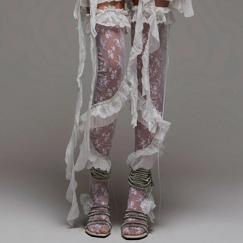 Y2K Vintage Lace Thigh High Sheer Ruffle Stockings Socks Lunarity Garage   