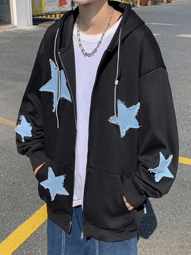 Emo Star Patch Oversized Zip-Up Hoodie – Y2K Vintage Streetwear Jackets Lunarity Garage