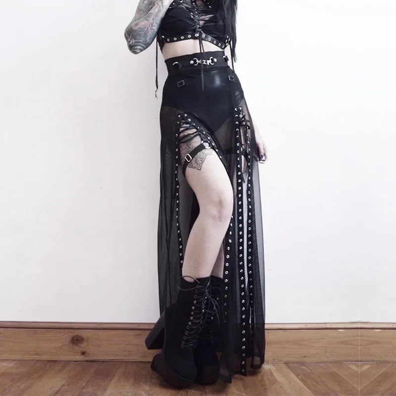 Harajuku Punk Goth Skirt for Women – Black Hollow Out Eyelet Split Long Skirt Skirts LUNARITY GARAGE