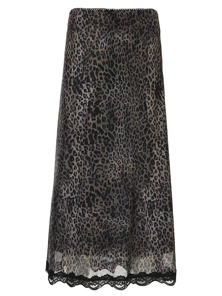 Retro Brown Leopard Y2K Long Skirt with Lace Trim for Women skirt LUNARITY GARAGE