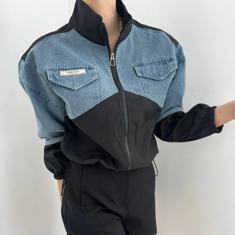 American Vintage Stand Collar Denim Jacket – Y2K Loose Fit for Autumn & Winter Jackets Lunarity Garage