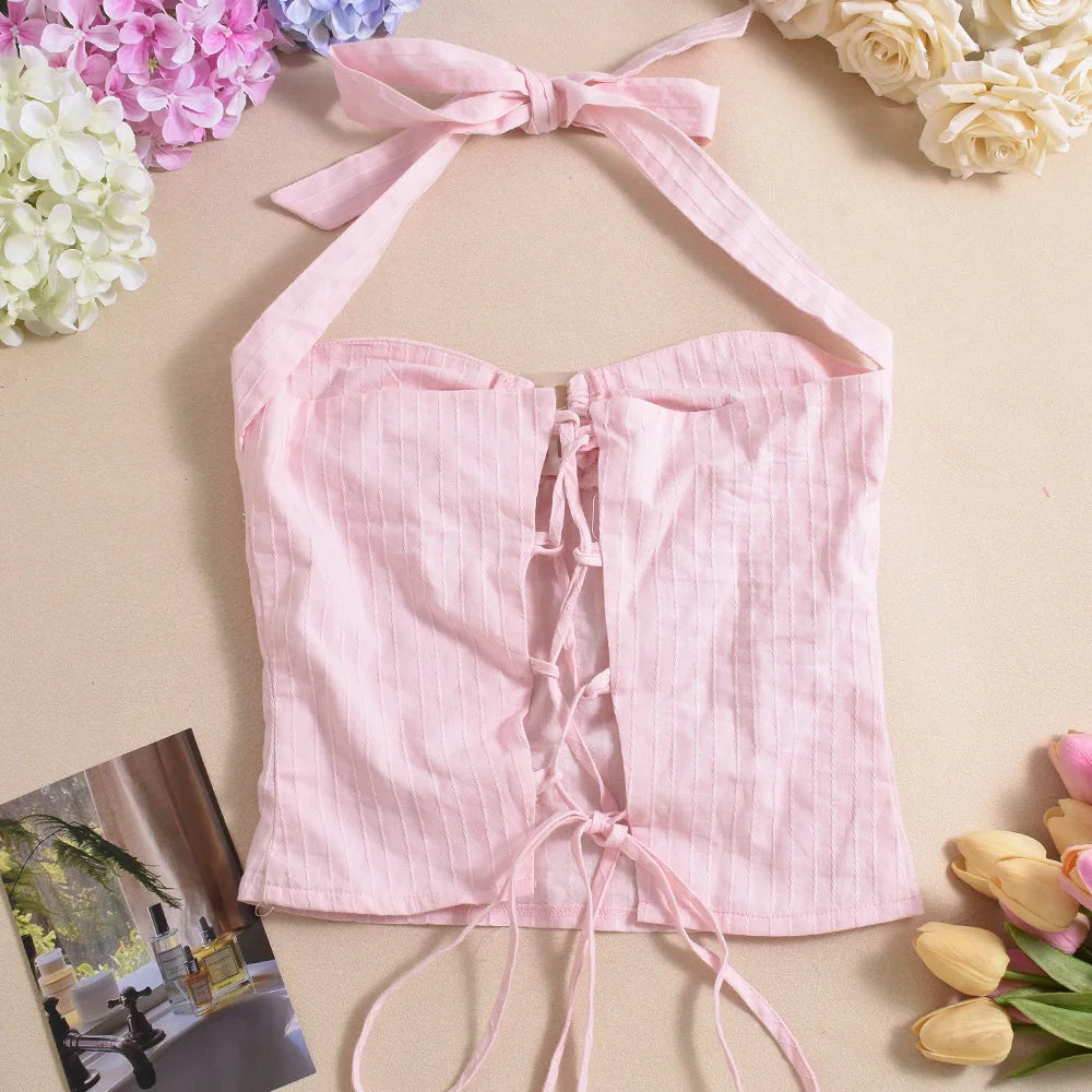 Chic Summer Halter Crop Top - Woven Backless Lace-Up Slim Tank crop top LUNARITY GARAGE