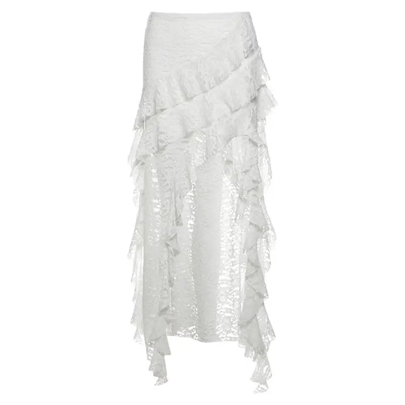 Punk Goth Skirt for Women – Dark Asymmetrical Ruffled Lace High Waist Skirt Skirts LUNARITY GARAGE White S