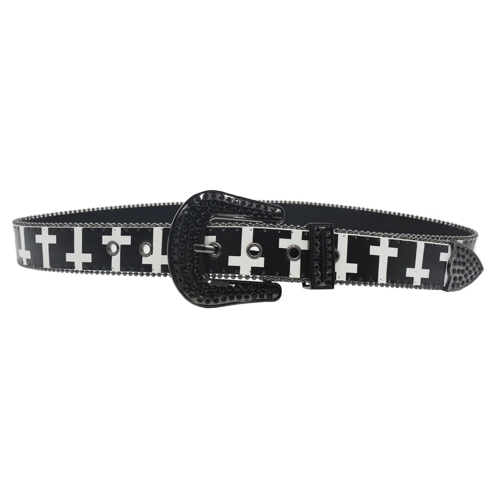 Black & White Cross Rhinestone Belt - Y2K Gothic Trend PU Leather Belt LUNARITY GARAGE