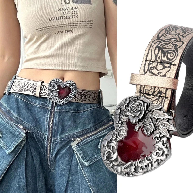 Gothic Punk Y2K Heart Buckle Belt - Red Peach Leather Waistband for Women Belt LUNARITY GARAGE
