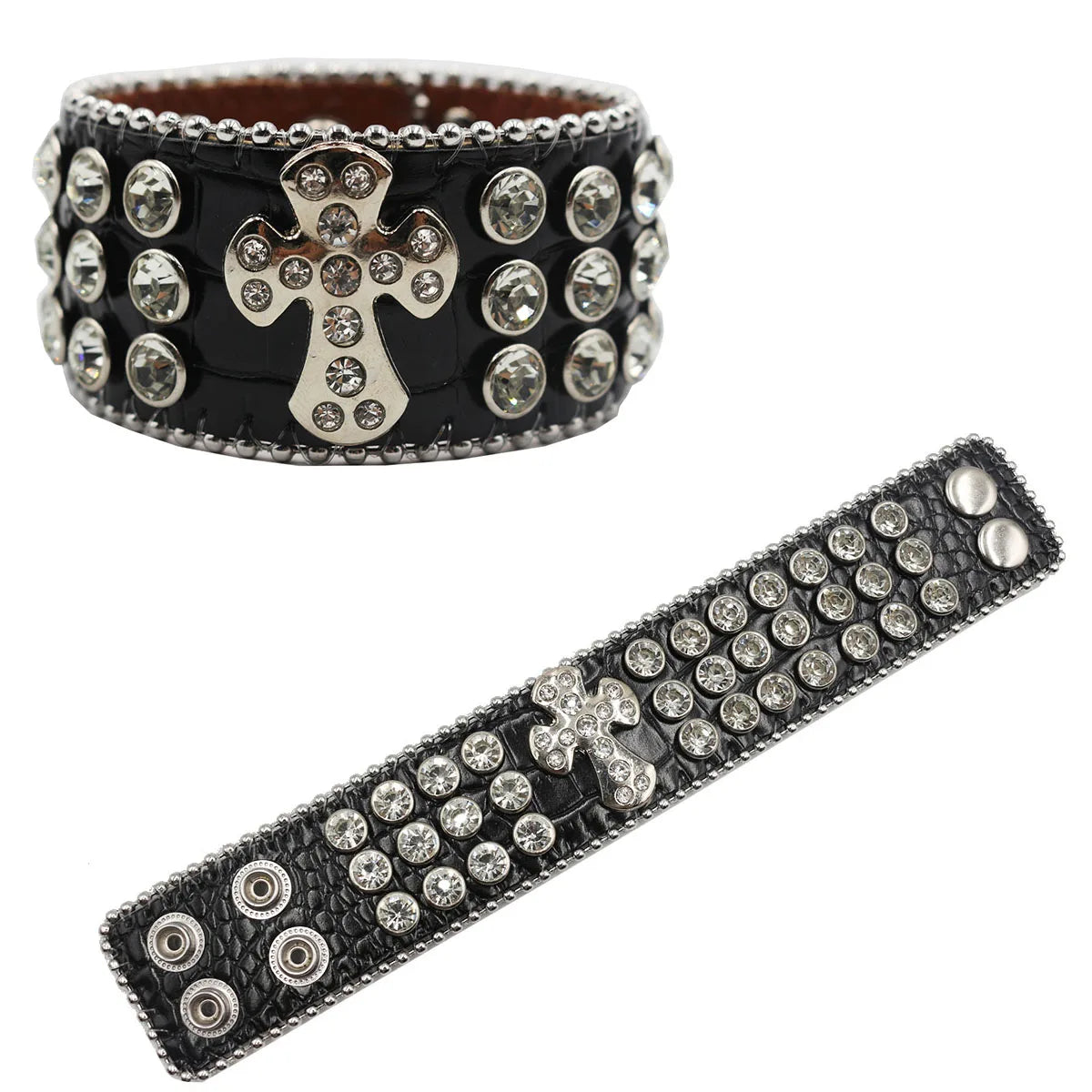 Designer PU Leather Rhinestone Cross Bracelet – Western Bling Statement Piece Bracelets LUNARITY GARAGE