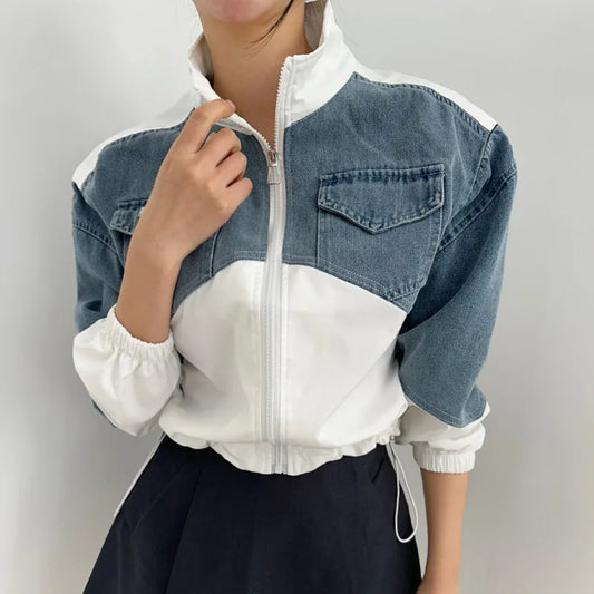 American Vintage Stand Collar Denim Jacket – Y2K Loose Fit for Autumn & Winter Jackets Lunarity Garage White One Size