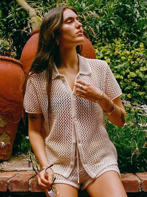 The Casual Knit Cut Out Shorts Set - Swimsuit Cover Up cover ups LUNARITY GARAGE Beige S
