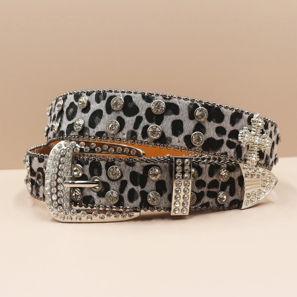 3.3cm Leopard Print Rhinestone Belt Hip Hop Punk Style belt LUNARITY GARAGE Gray 105CM