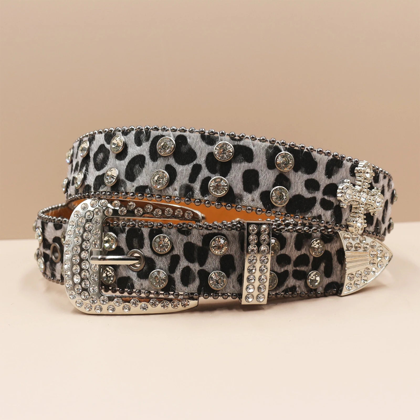 3.3cm Leopard Print Rhinestone Belt Hip Hop Punk Style belt LUNARITY GARAGE Gray 105CM