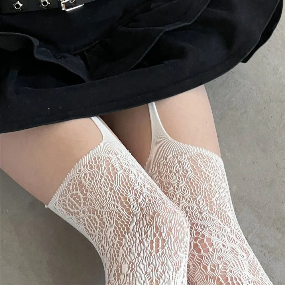 Women Lace Sling-back Fishnet Stockings Pantyhose Retro Sexy Flower Leggings Tights Underwear Lolita Hollow Party Lingerie LUNARITY GARAGE White