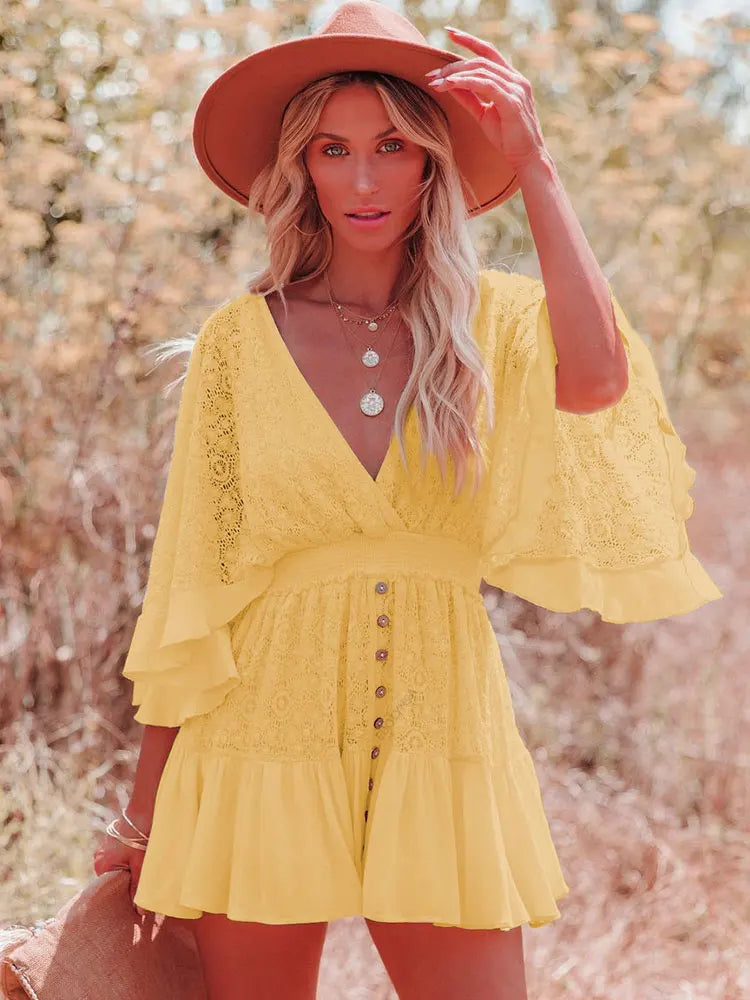 Ethereal Elegance: The White Lace Ruffle Mini Beach Dress Dress LUNARITY GARAGE Yellow S