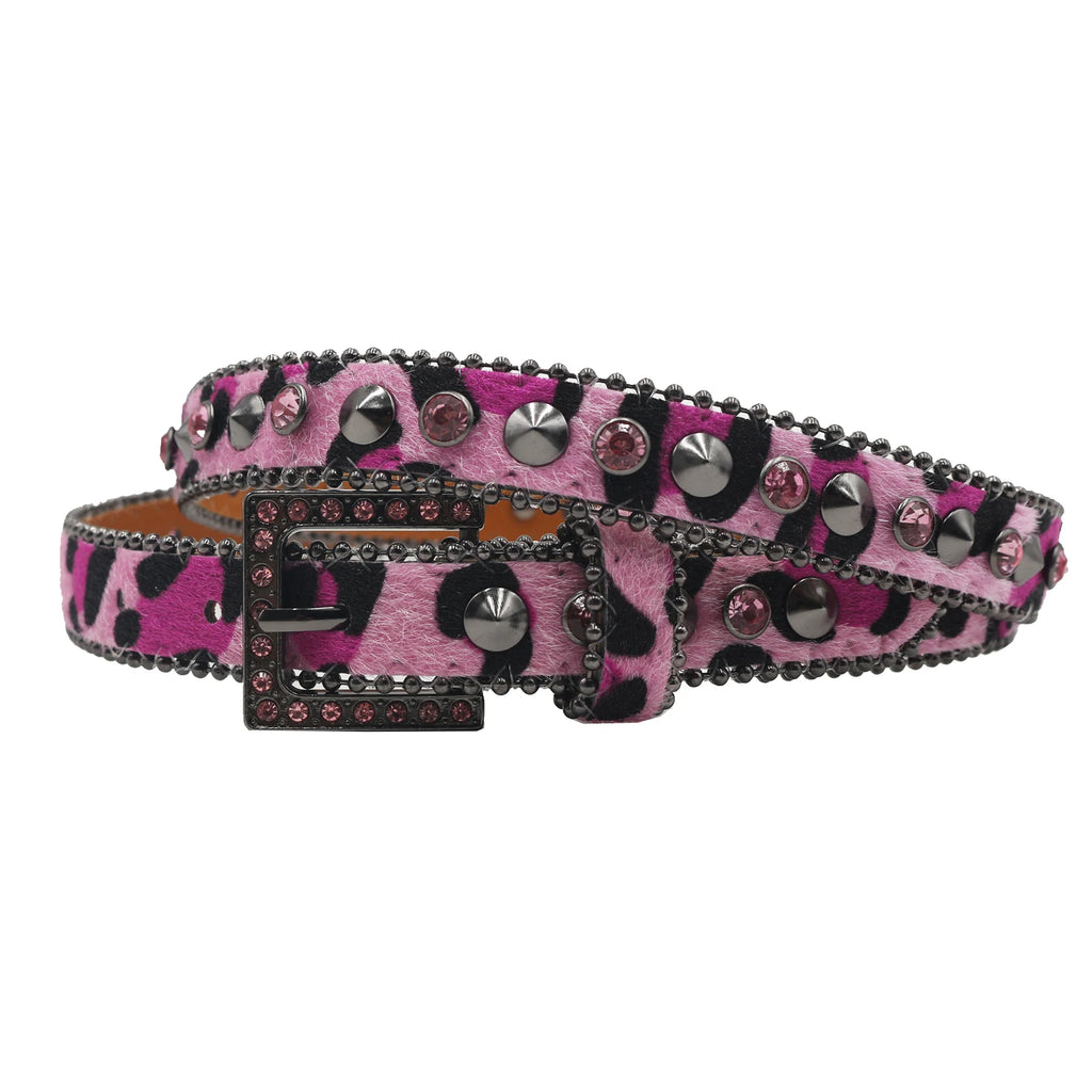 Women’s Rhinestone Leopard Belt – Western Crystal Square Buckle belt LUNARITY GARAGE BW-Pink 95CM