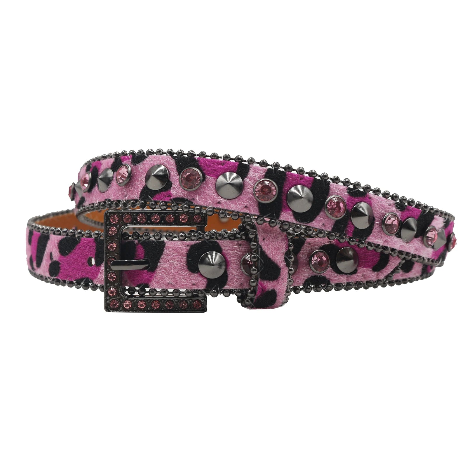 Women’s Rhinestone Leopard Belt – Western Crystal Square Buckle belt LUNARITY GARAGE BW-Pink 95CM