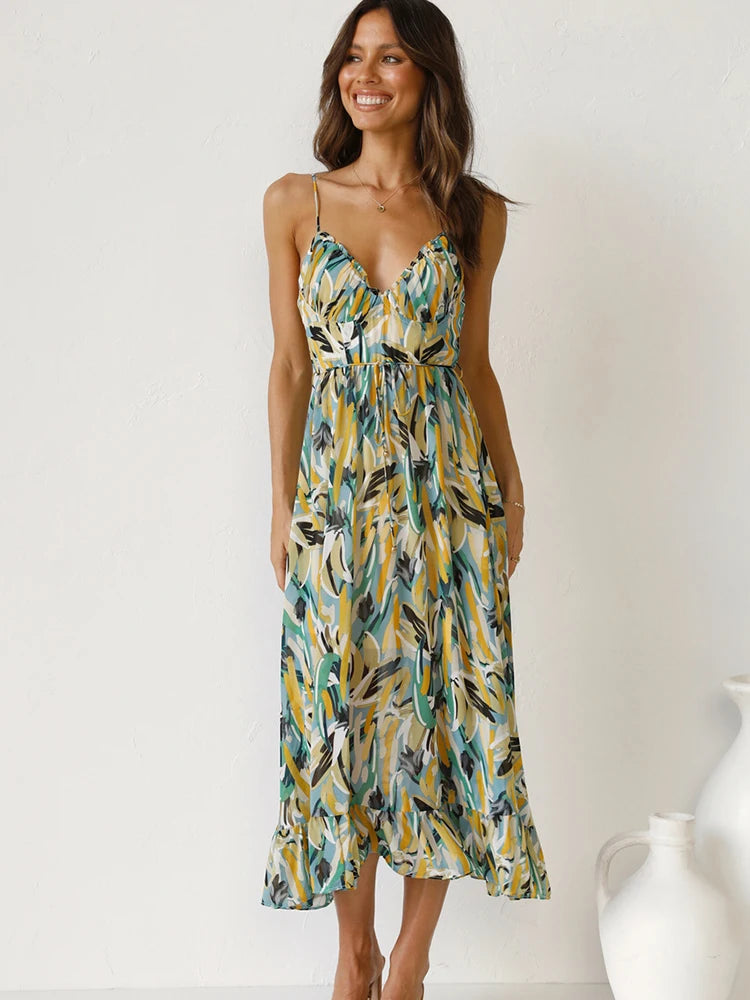 Bohemian Floral Print Mid-Calf Dress - Spaghetti Strap Sexy Casual Sundress Dress LUNARITY GARAGE Green S