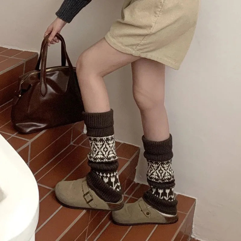Women’s Vintage Knit Wool Leg Warmers with Tulip Pattern Leg warmer LUNARITY GARAGE brown 40cm