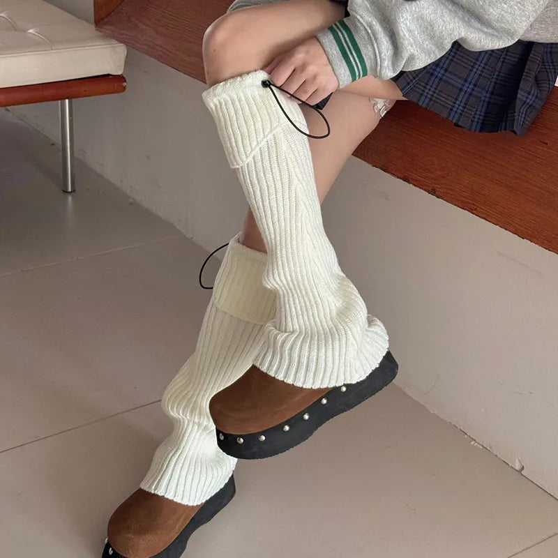 Elastic Drawstring Knitted Leg Warmers – Y2K Winter Calf Socks for Women, Korean JK Style Leggings Leg Warmers LUNARITY GARAGE