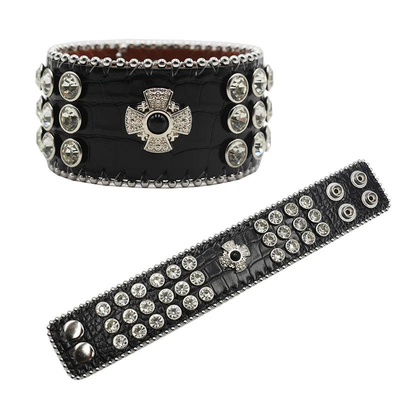 Exquisite Crystal Rhinestone Skull Cross Bracelet – PU Leather Party Jewelry Bracelets LUNARITY GARAGE BS02-White