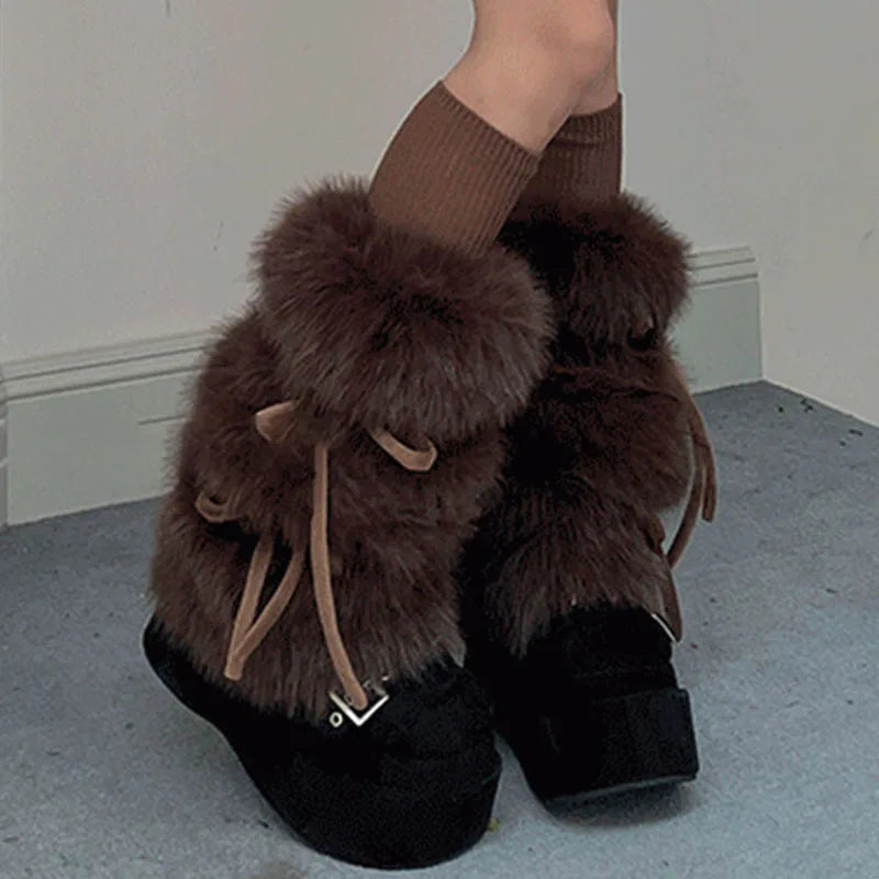 Punk Bow Tie Faux Rabbit Fur Leg Warmers – Y2K Winter Plush Boot Covers for Cold Weather Leg Warmers LUNARITY GARAGE   