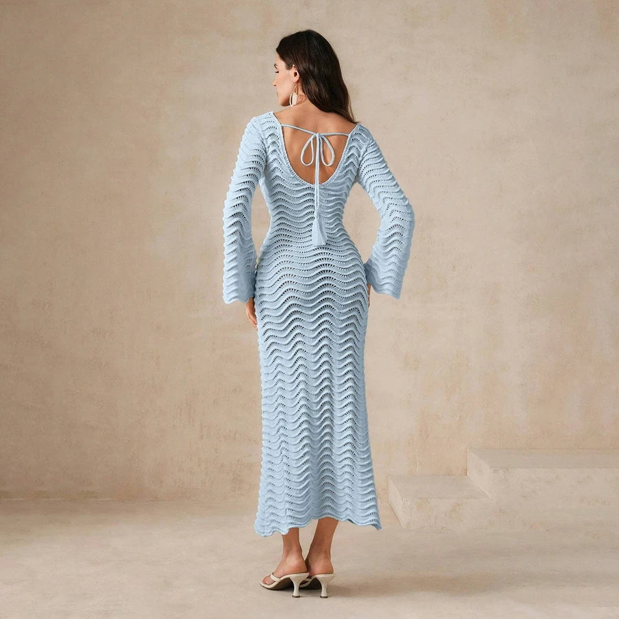 Crochet Fishtail Flare Sleeve Maxi Dress | Knit Beach Hollow Out Deep V-Neck Bikini Cover-Up covers up LUNARITY GARAGE