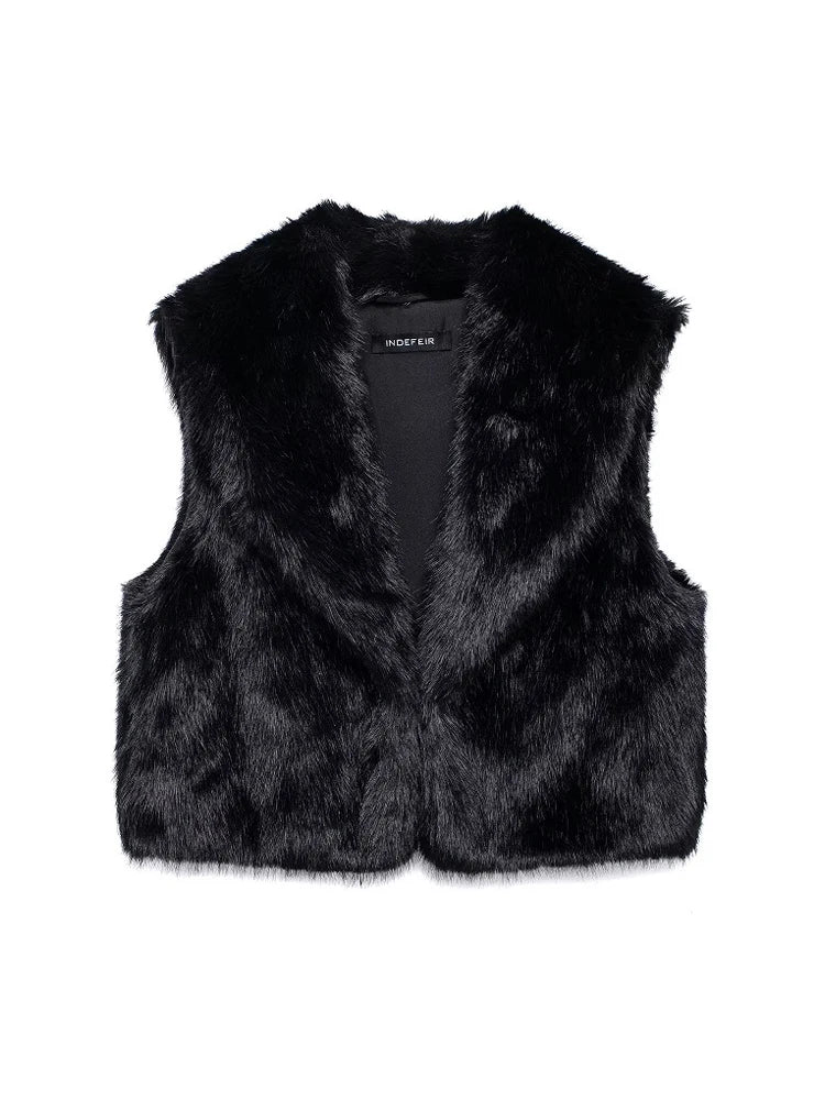 Faux Fur Sleeveless Vest – Black Cropped Winter Waistcoat for Women Coats LUNARITY GARAGE