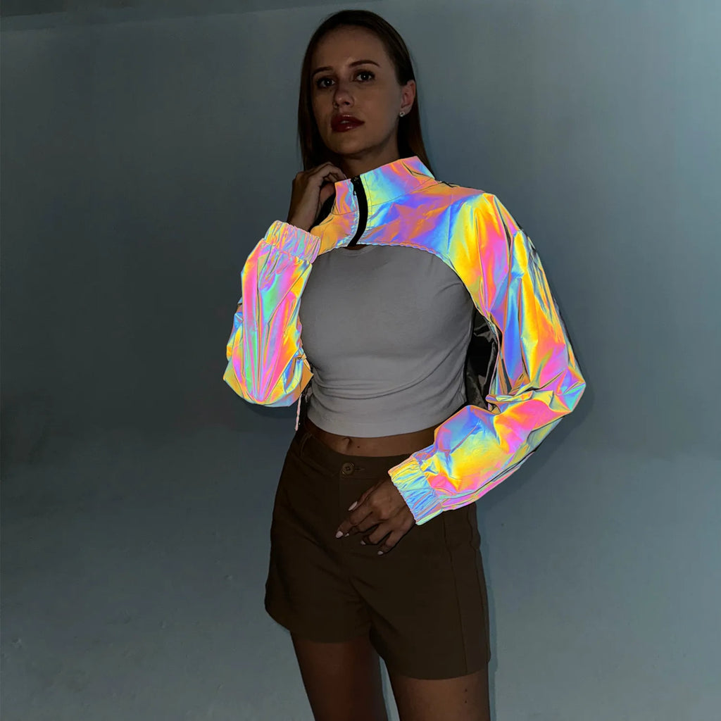 Reflective Colourful Short Jacket - Women Crop Top Long Sleeve Stand Spring Autumn Coat Jackets LUNARITY GARAGE