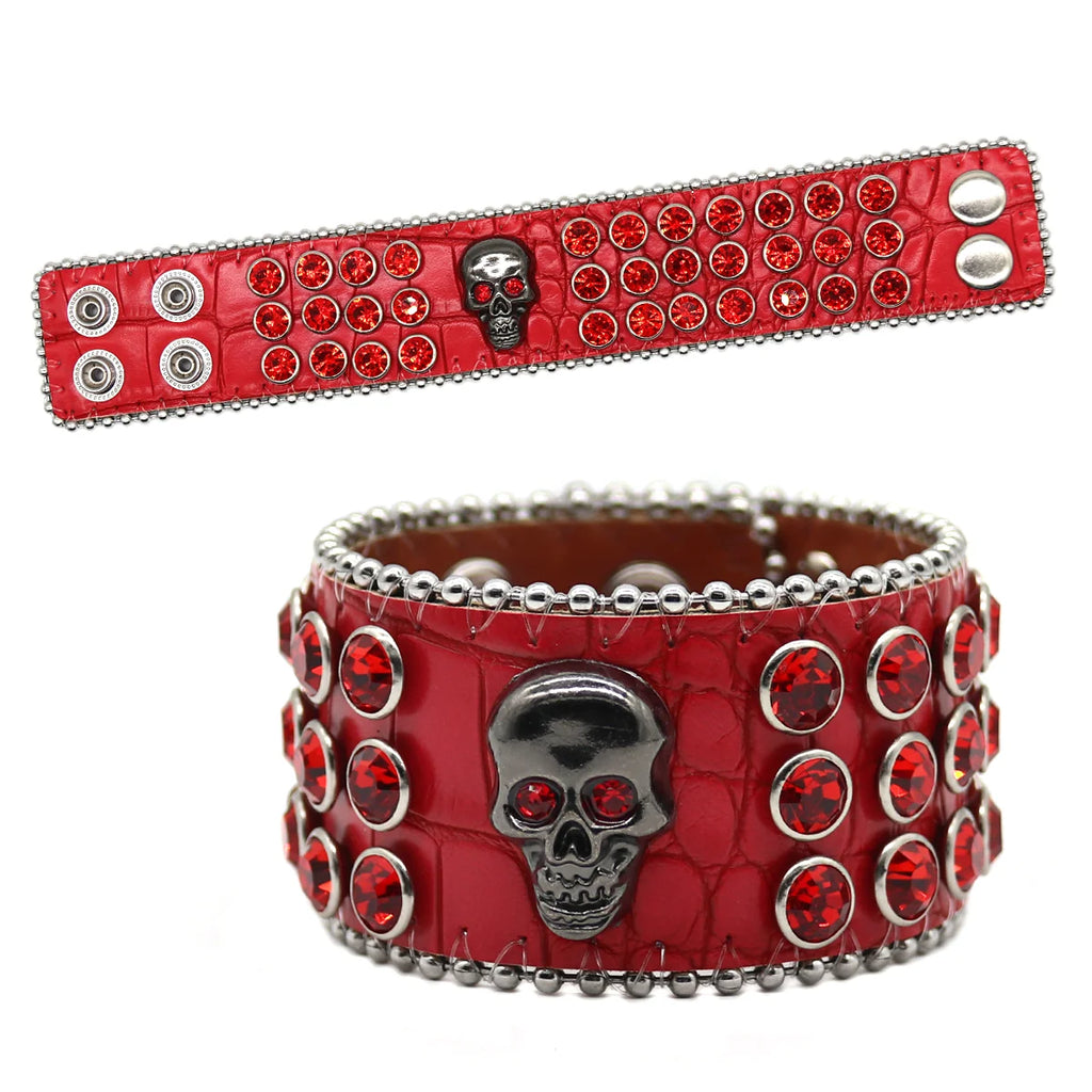 Wide Rhinestone Skull Bracelet – PU Leather Statement Cuff Bracelets LUNARITY GARAGE