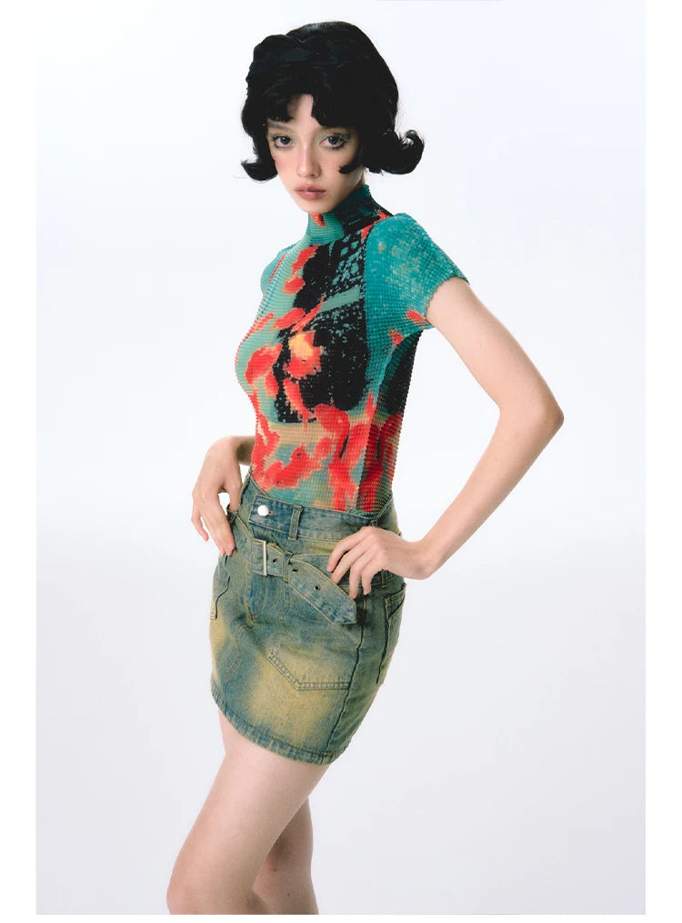 Women’s Tie-Dye Bodycon Crop Top – Short Sleeve Y2K Coquette Kawaii Aesthetic Tee Tshirt LUNARITY GARAGE