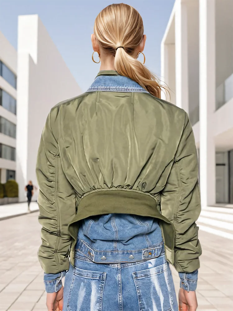 Blue Green Patchwork Denim Jacket - Loose Fit Short Coat with Turn-Down Collar jackets LUNARITY GARAGE   