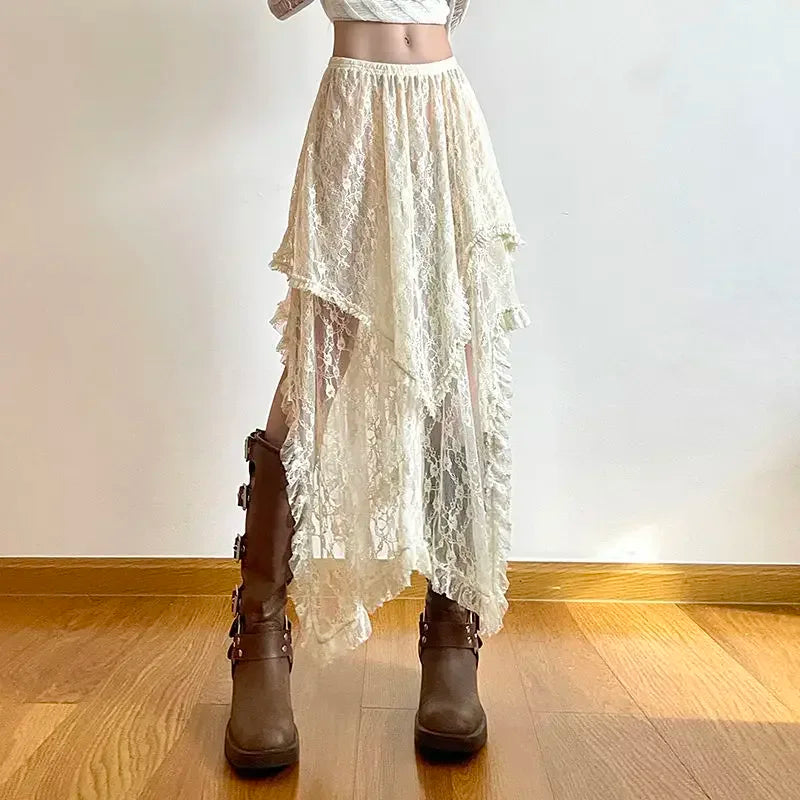 Lace Asymmetrical Skirt Fairycore Women Vintage Y2K Boho Aesthetic Fashion High Waist Mid Skirts Lady Holiday Outfits skirt LUNARITY GARAGE Beige One Size(40-60kg)