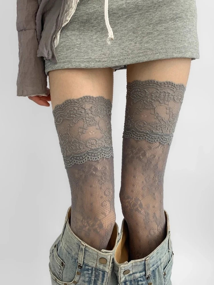 Women’s Lace Trim Nylon Fishnet Stockings – Retro Floral Mesh Thigh High Stockings LUNARITY GARAGE Gray One Size