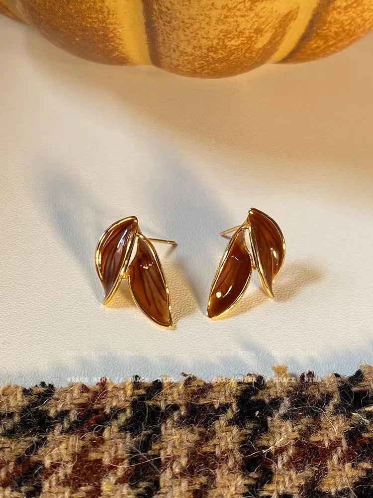 Brown Leaf Geometry Stud Earrings - Trendy Metal Plant-Inspired Push-Back Studs Earrings Lunarity Garage