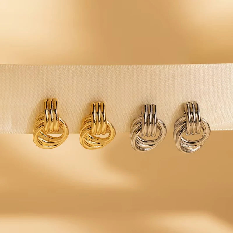 Vintage Three Layers Mini Knot Stud Earrings for Women Gold Plated Twisted Small Circle Stainless Steel Earring Punk Jewelry Earrings Lunarity Garage   