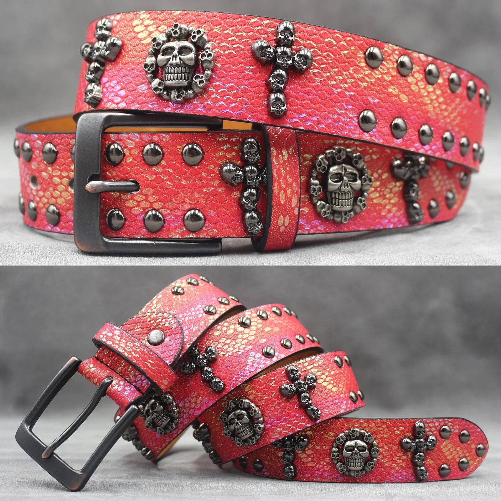 Y2K Metal Punk Rock Rivet Belt – Skull Studded Goth Style (3.8cm) belt LUNARITY GARAGE Red 105CM