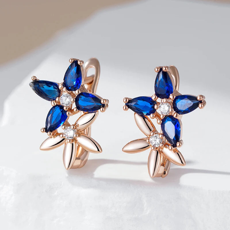 Elegant Rose Gold Crystal Flower Drop Earrings with Blue Zircon for Women – Vintage Jewelry Earrings LUNARITY GARAGE