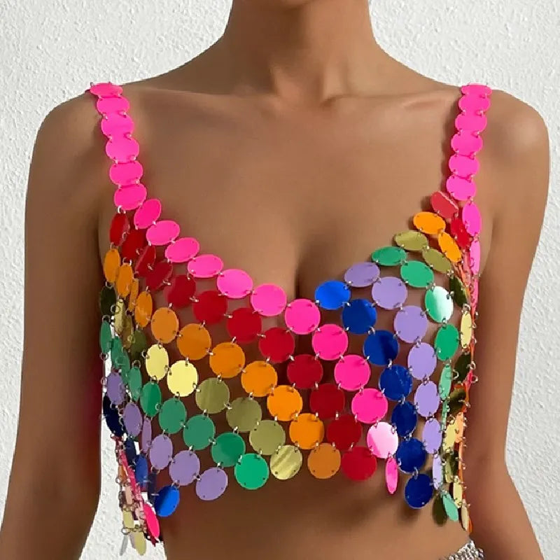 Colorful Glitter Sequins Camisole with Hollow Out Skirt Bikini Bra Chain | 2025 Summer Nightclub Party Jewelry Clothing Set LUNARITY GARAGE Top One Size