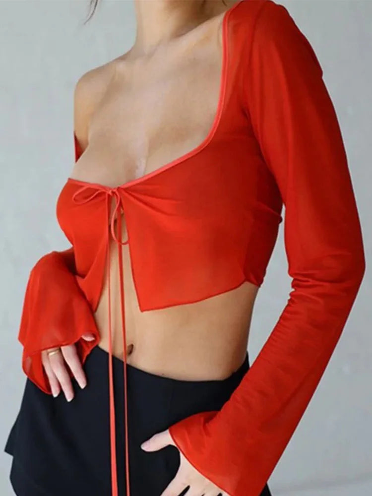 Vintage Aesthetic Y2K Mesh Crop Top – Lace-Up Long Sleeve Grunge T-Shirt for Women crop top Lunarity Garage Orange Red S