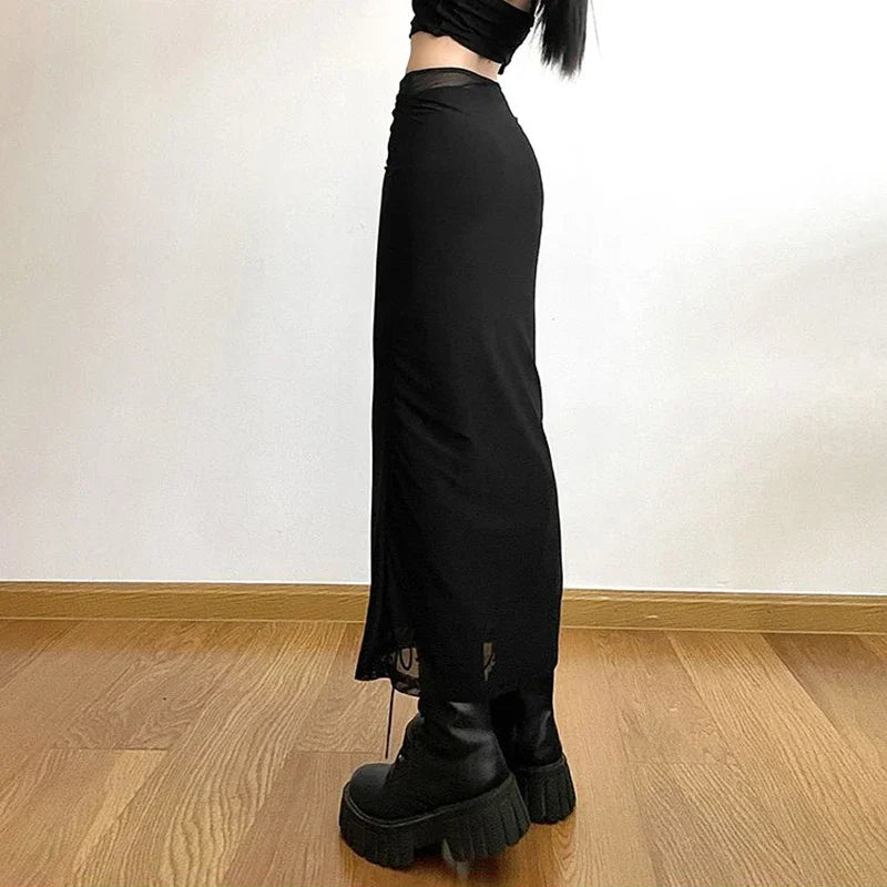 Y2K Black Long Skirts Women Harajuku Sexy Mesh Patchwork Wrap Skirt Summer Gothic Korean High Waist Slim A Line Faldas New skirt LUNARITY GARAGE