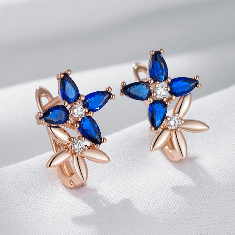 Elegant Rose Gold Crystal Flower Drop Earrings with Blue Zircon for Women – Vintage Jewelry Earrings LUNARITY GARAGE