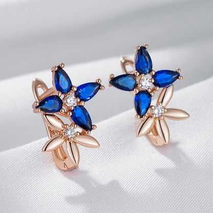 Elegant Rose Gold Crystal Flower Drop Earrings with Blue Zircon for Women – Vintage Jewelry Earrings LUNARITY GARAGE   