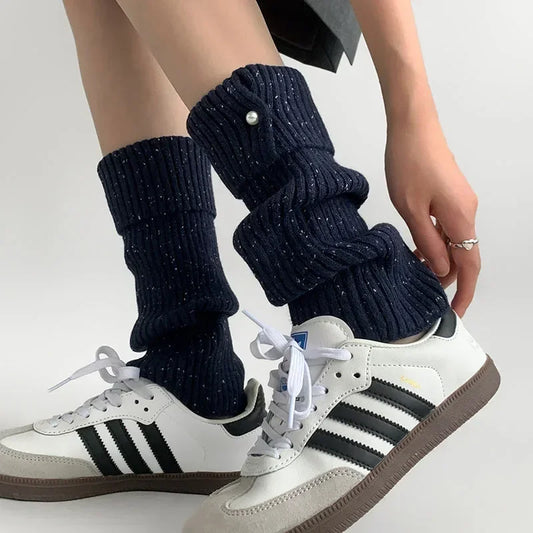 Harajuku Pearl Mid-Calf Leg Warmers – Thick Wool Knit Ankle Covers for Winter Socks Lunarity Garage navy blue 31cm 