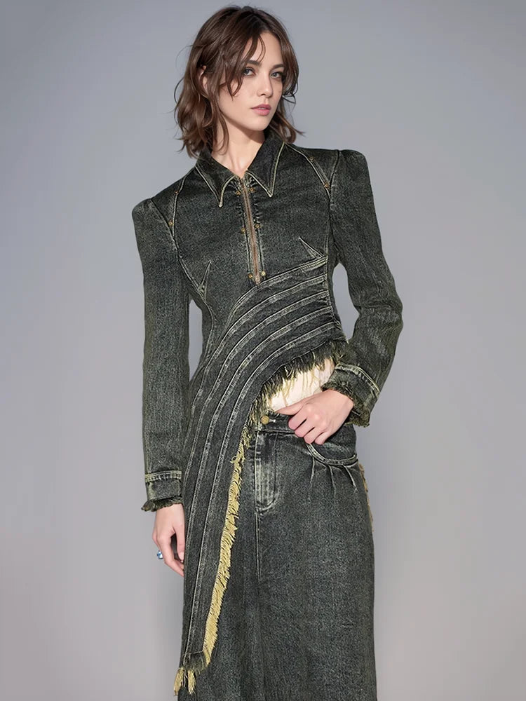 Denim Coat Lapel Zipper Short Patchwork Washed Tassel Slim Streetwear Jacket jackets LUNARITY GARAGE