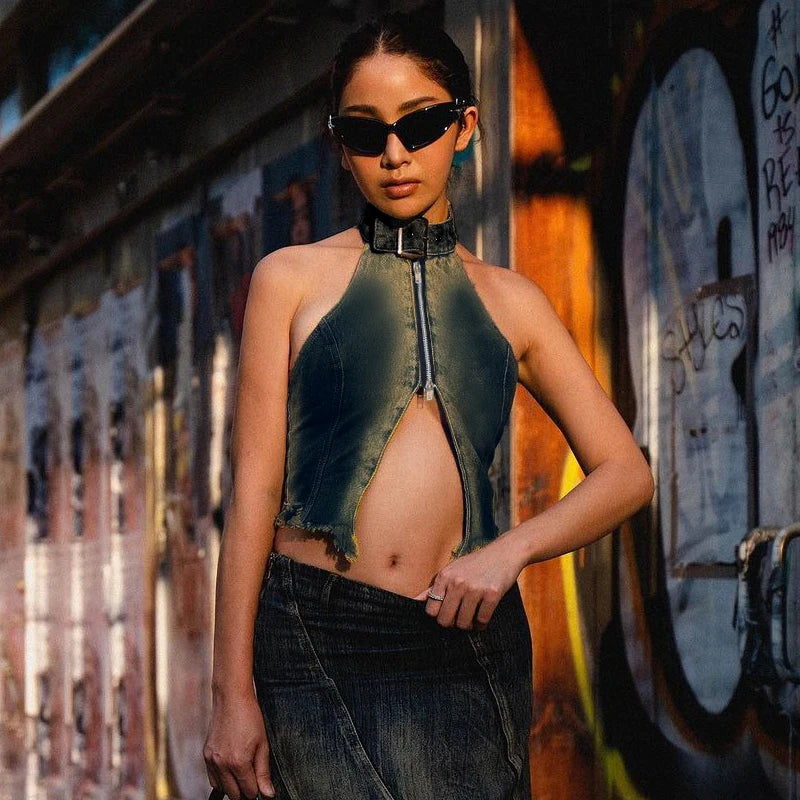 Vintage Y2K Denim Halter Crop Top crop top Lunarity Garage   