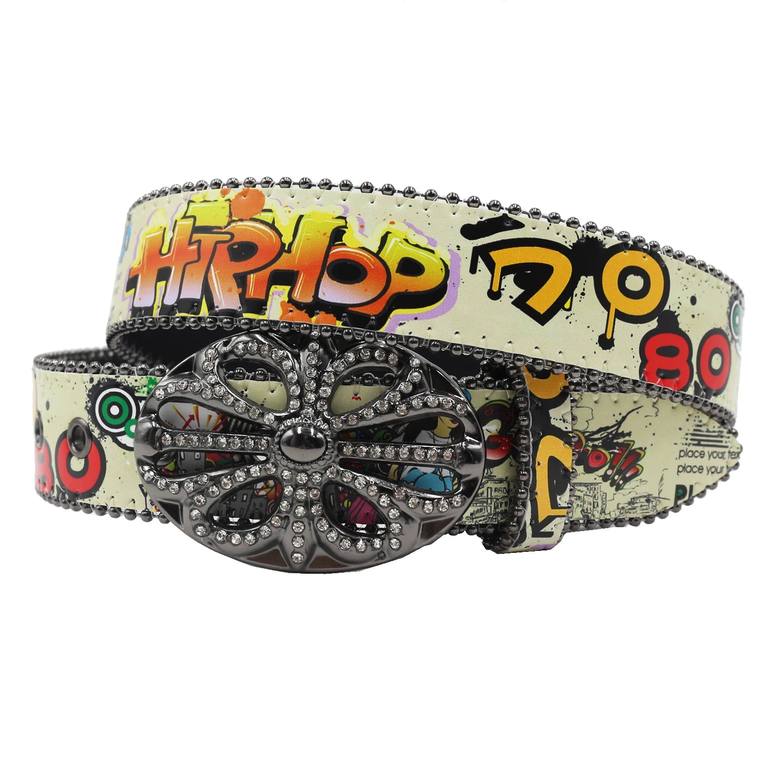 Bohemia Hip-Hop Graffiti Print Rhinestone Belt – Cowgirl & Cowboy Bling belt LUNARITY GARAGE Yellow 105CM