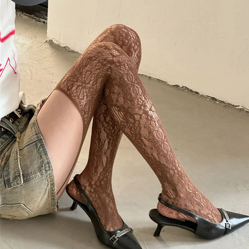 Women Lace Sling-back Fishnet Stockings Pantyhose Retro Sexy Flower Leggings Tights Underwear Lolita Hollow Party Lingerie LUNARITY GARAGE Brown