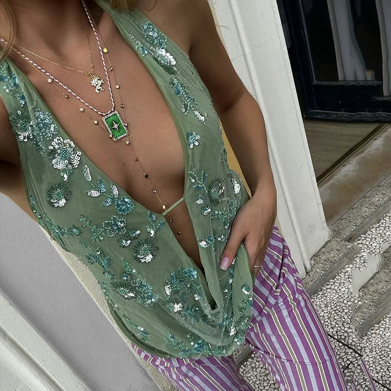 Sequin Mesh Plunge Halter Crop Top - Sexy Backless Party Tank Tank top LUNARITY GARAGE