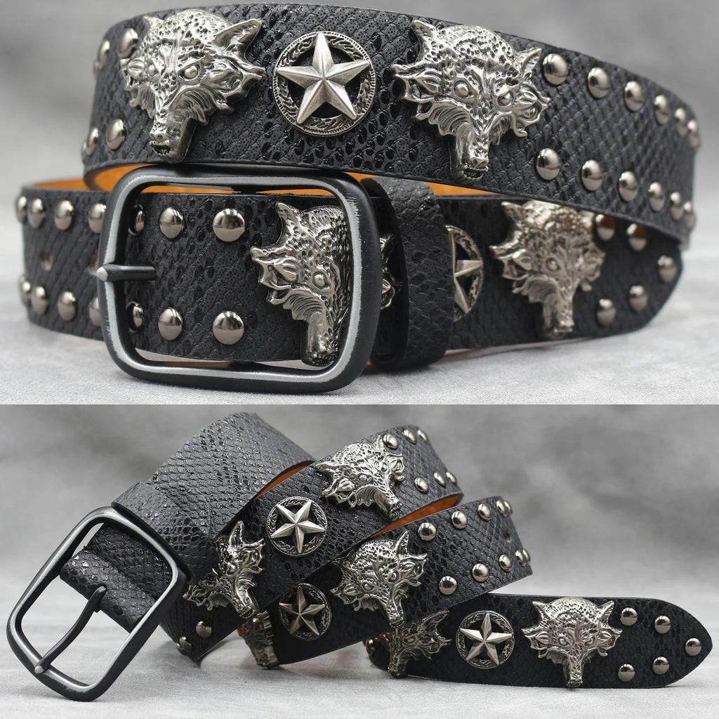 Fashion Wolf Rivet Belt – Studded Skull Punk Rock belt LUNARITY GARAGE Black 105CM